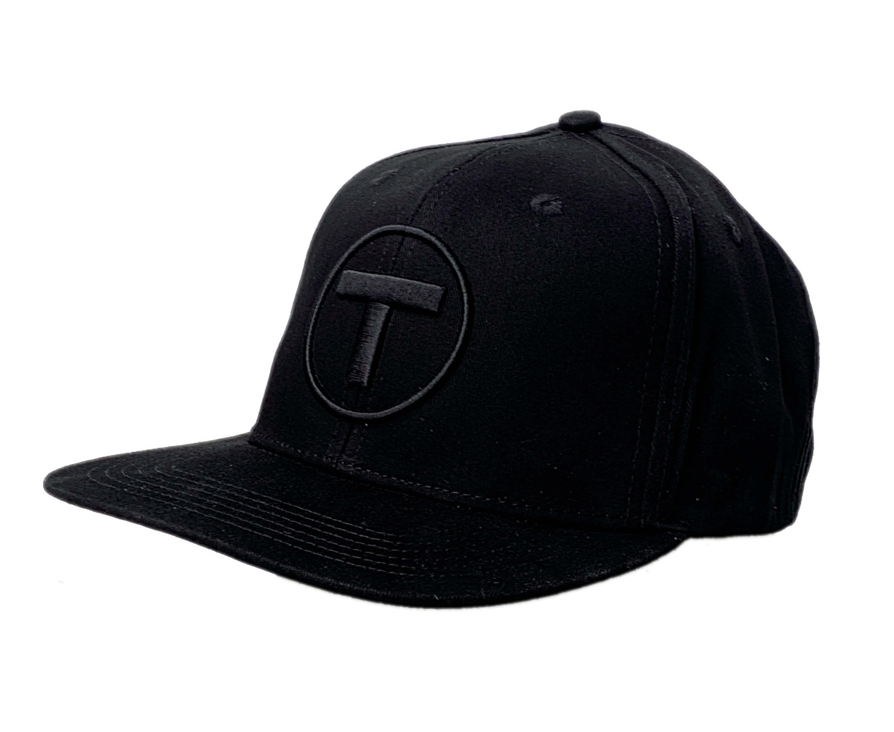 Black flat brim adult cap with puff embroidered MBTA T Logo